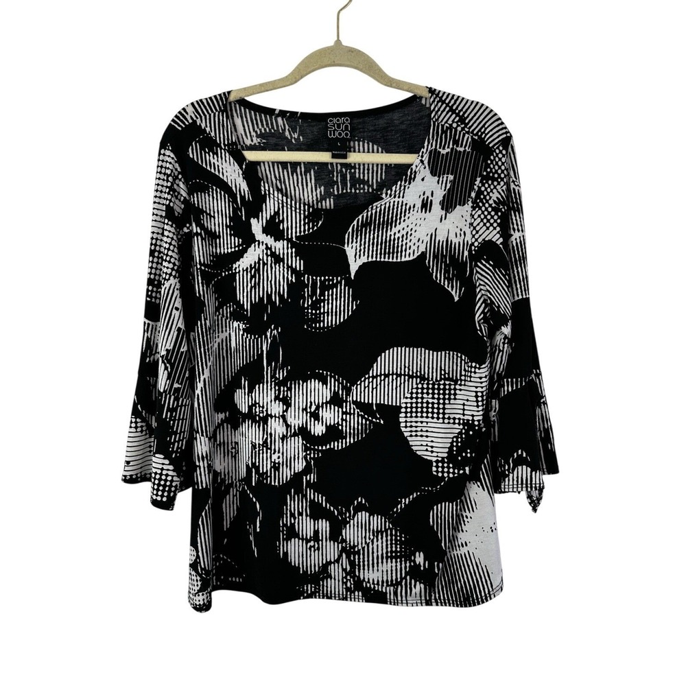 Clara Sun Woo Top Womens Large Black White Floral Geometric Art Tie Bell Sleeve